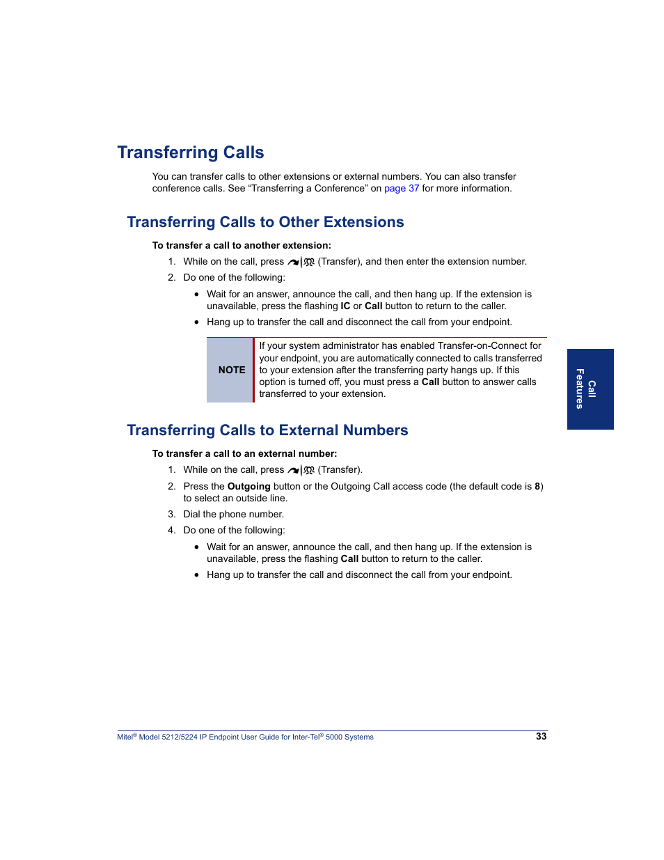 Transferring calls, Transferring calls to other extensions, Transferring calls to external numbers | Mitel 5212 User Manual | Page 51 / 80