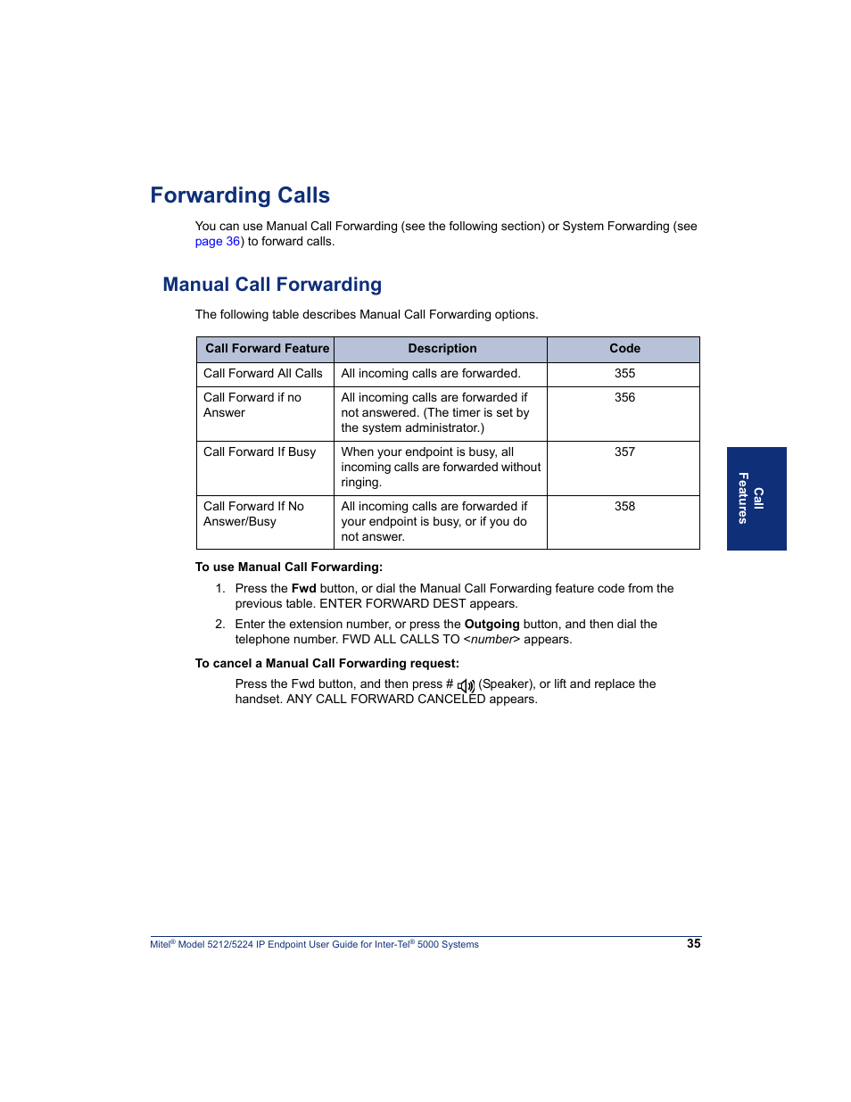 Forwarding calls, Manual call forwarding, E “manual call forwarding” on | Mitel 5212 User Manual | Page 53 / 80