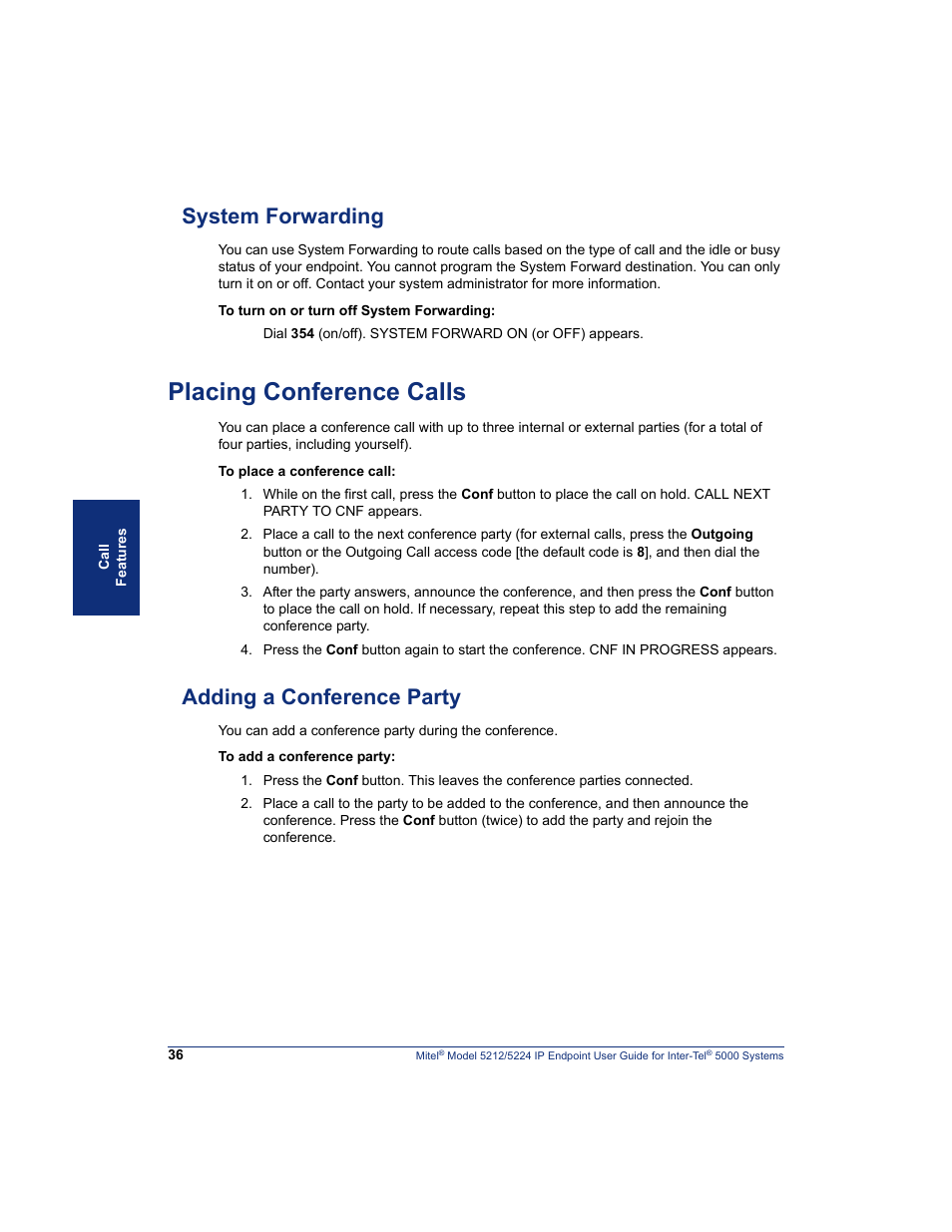 System forwarding, Placing conference calls, Adding a conference party | System forwarding” on | Mitel 5212 User Manual | Page 54 / 80