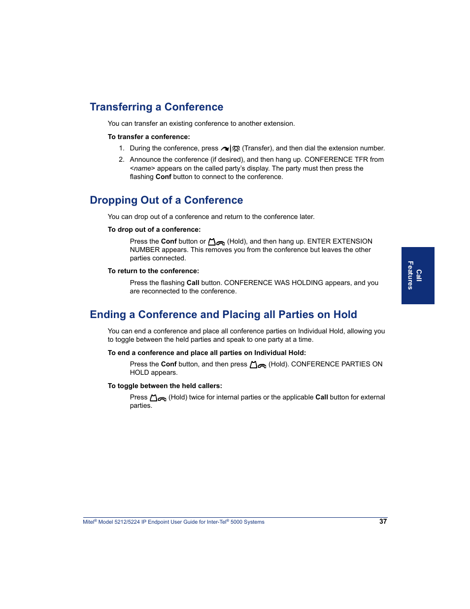 Transferring a conference, Dropping out of a conference | Mitel 5212 User Manual | Page 55 / 80