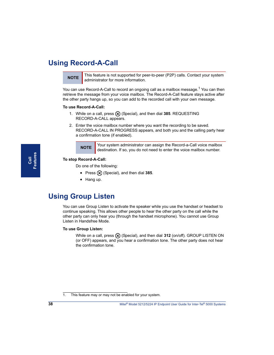 Using record-a-call, Using group listen | Mitel 5212 User Manual | Page 56 / 80