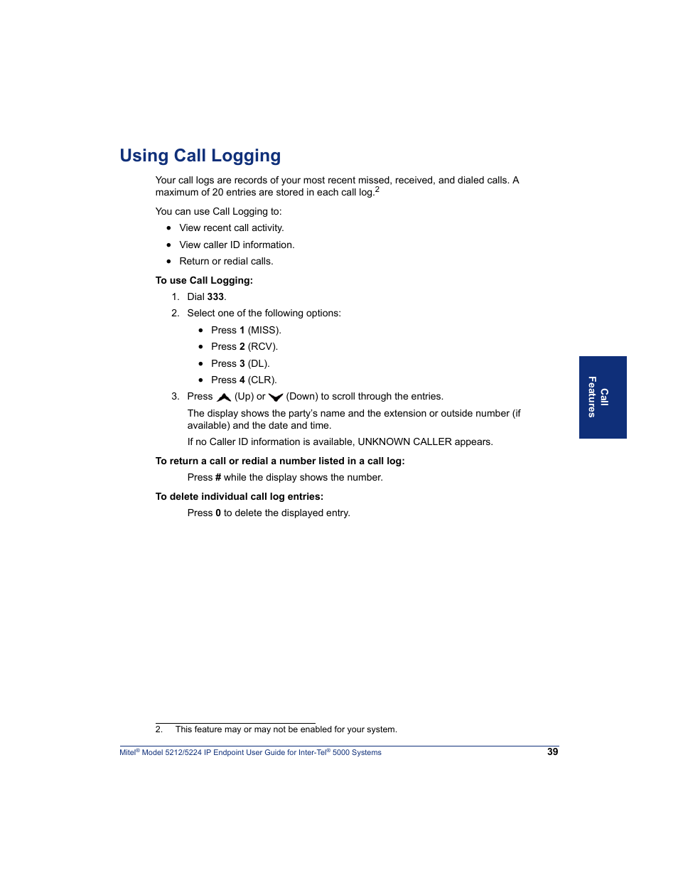 Using call logging | Mitel 5212 User Manual | Page 57 / 80