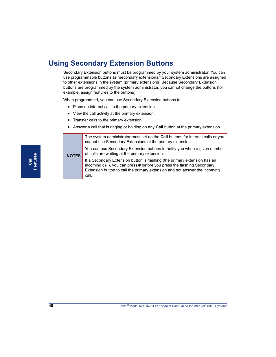 Using secondary extension buttons | Mitel 5212 User Manual | Page 58 / 80