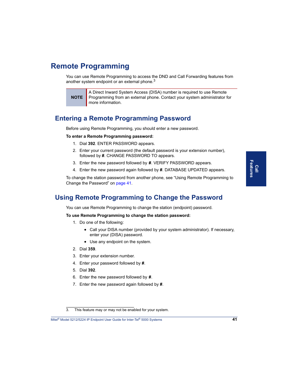 Remote programming, Entering a remote programming password, Using remote programming to change the password | Mitel 5212 User Manual | Page 59 / 80