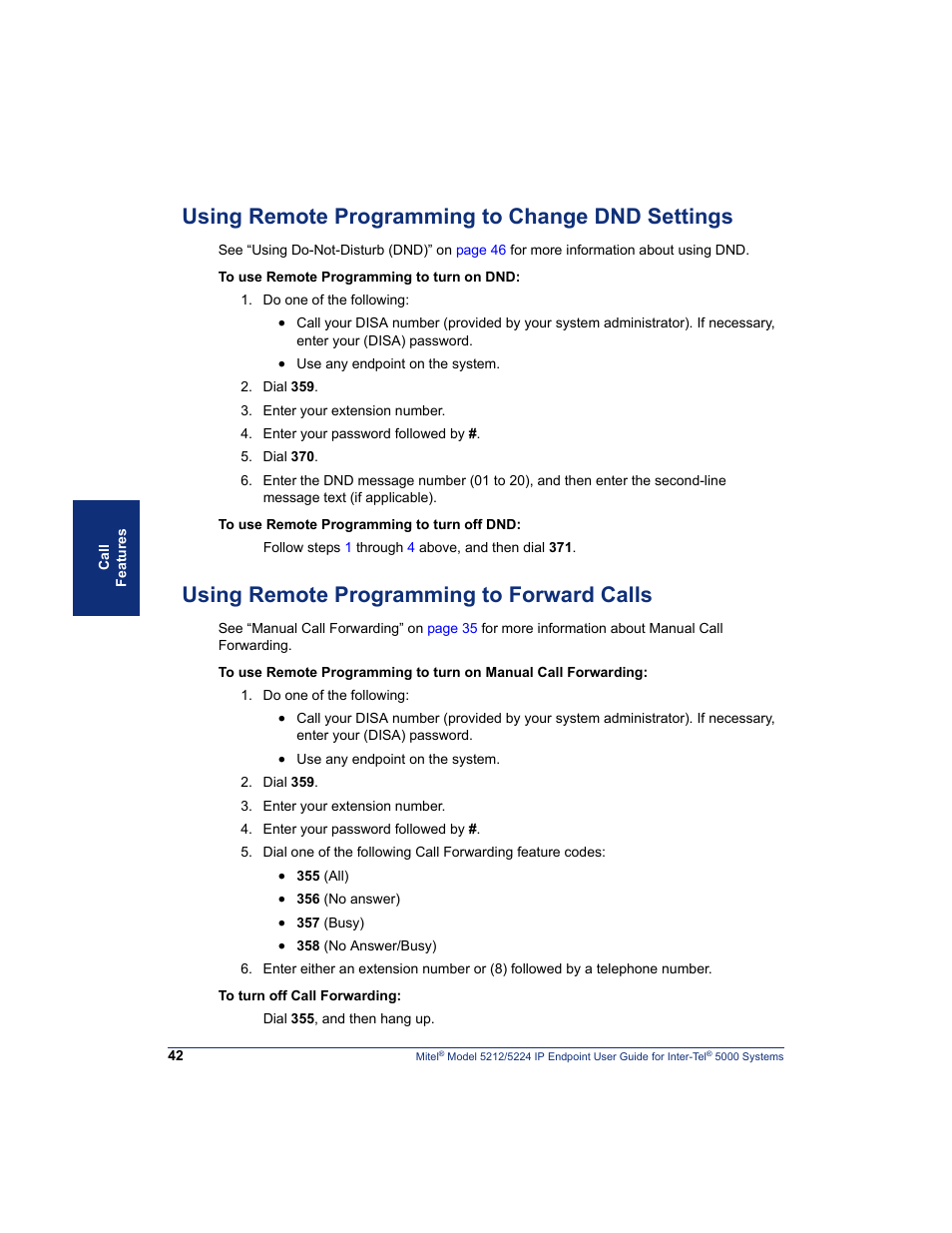 Using remote programming to change dnd settings, Using remote programming to forward calls | Mitel 5212 User Manual | Page 60 / 80