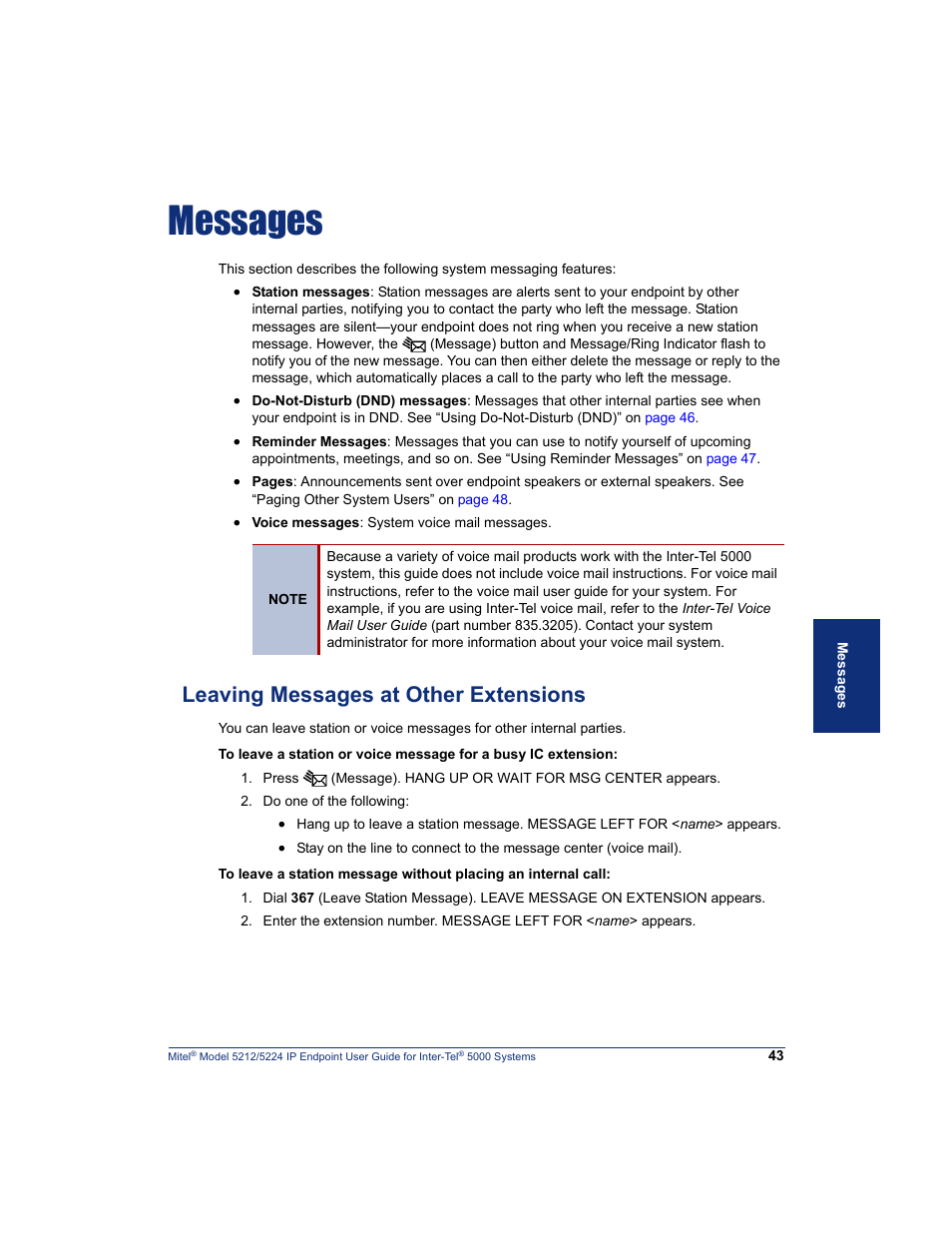 Messages, Leaving messages at other extensions, Mess | E “messages” on, E “leaving messages at other extensions” on | Mitel 5212 User Manual | Page 61 / 80