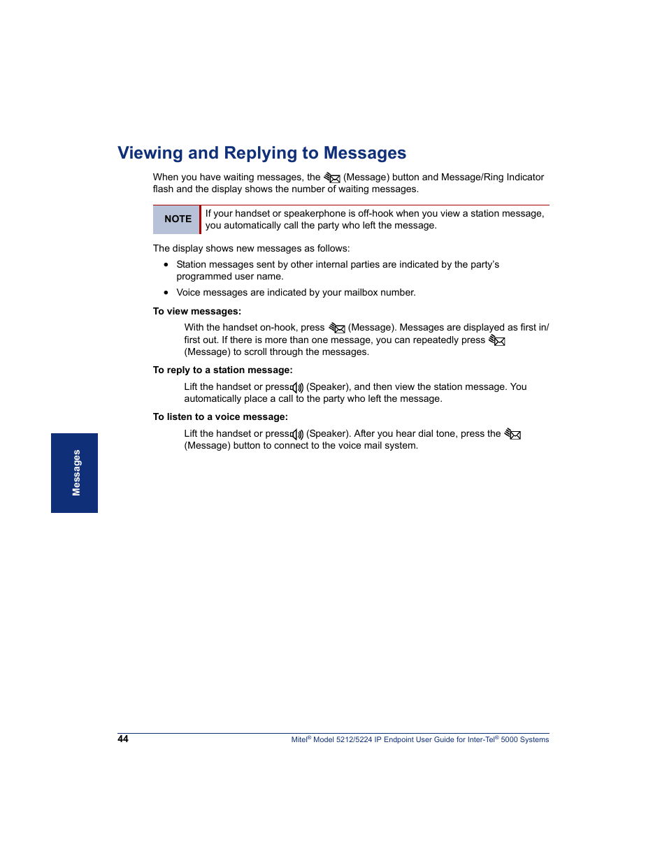 Viewing and replying to messages | Mitel 5212 User Manual | Page 62 / 80