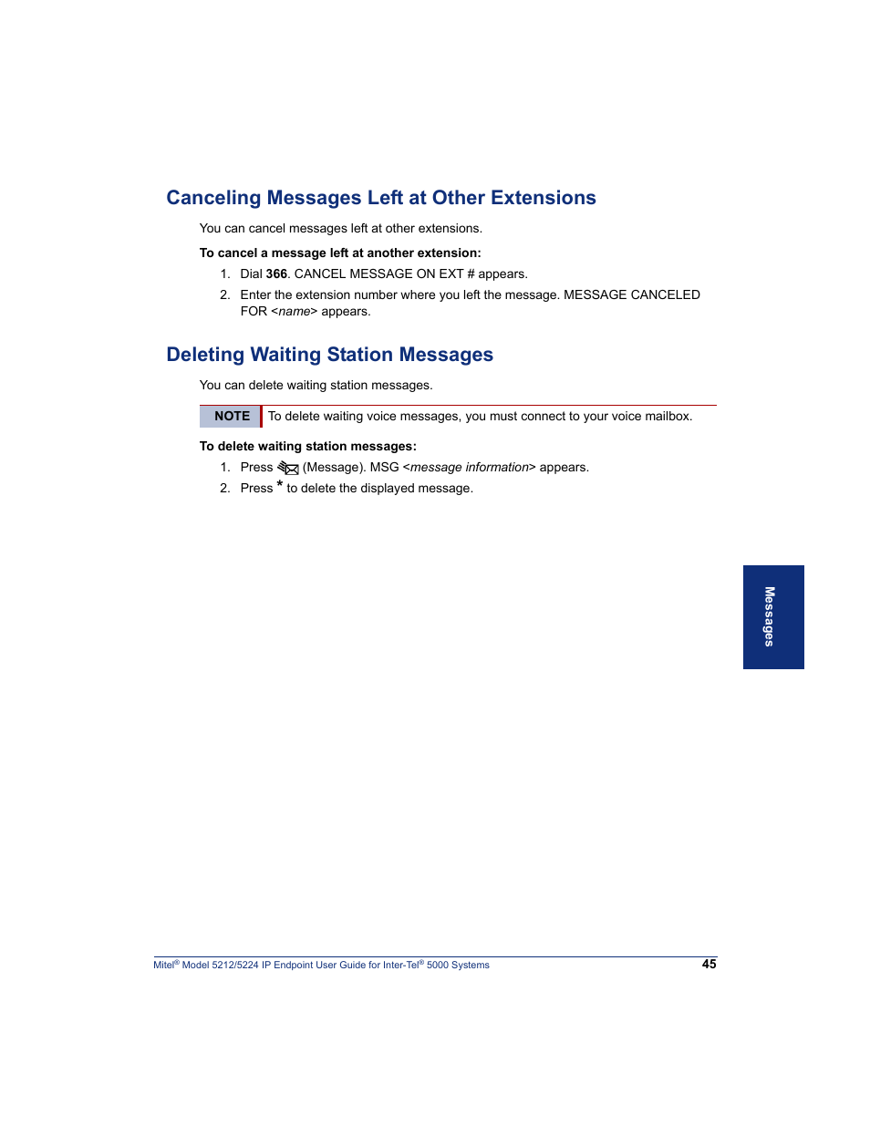 Canceling messages left at other extensions, Deleting waiting station messages | Mitel 5212 User Manual | Page 63 / 80