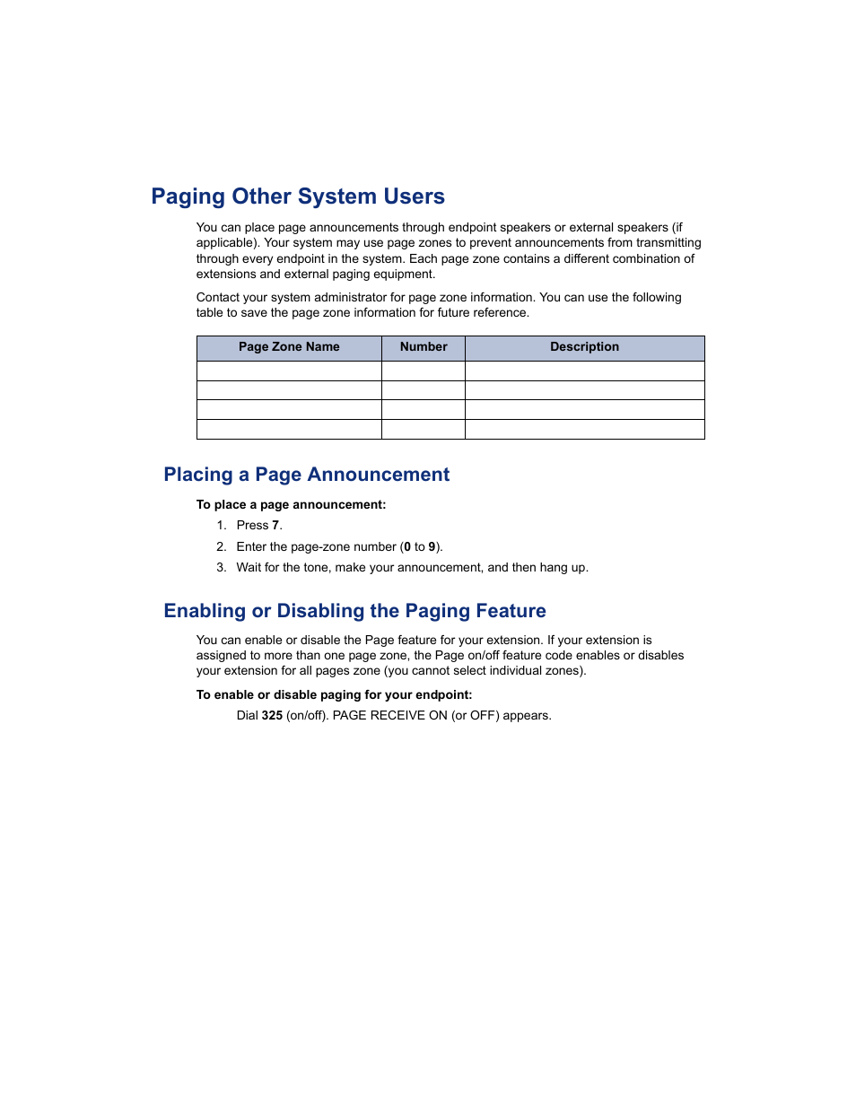 Paging other system users, Enabling or disabling the paging feature, S. see “paging other system users” on | Paging other system users” on, Placing a page announcement | Mitel 5212 User Manual | Page 66 / 80