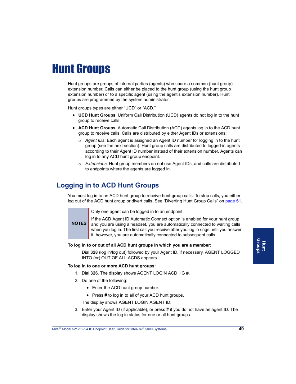 Hunt groups, Logging in to acd hunt groups, Hunt | Hunt groups” on | Mitel 5212 User Manual | Page 67 / 80