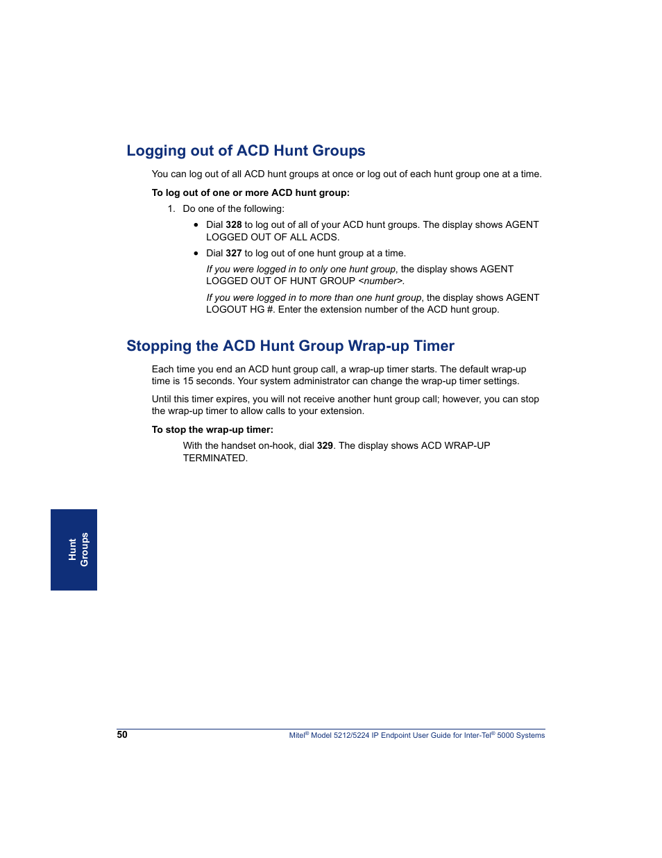 Logging out of acd hunt groups, Stopping the acd hunt group wrap-up timer | Mitel 5212 User Manual | Page 68 / 80