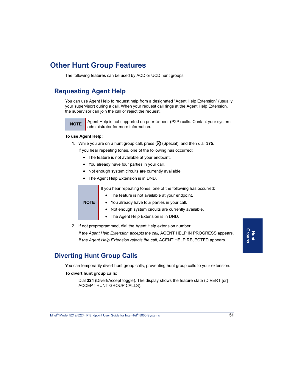 Other hunt group features, Requesting agent help, Diverting hunt group calls | Requesting agent help diverting hunt group calls | Mitel 5212 User Manual | Page 69 / 80