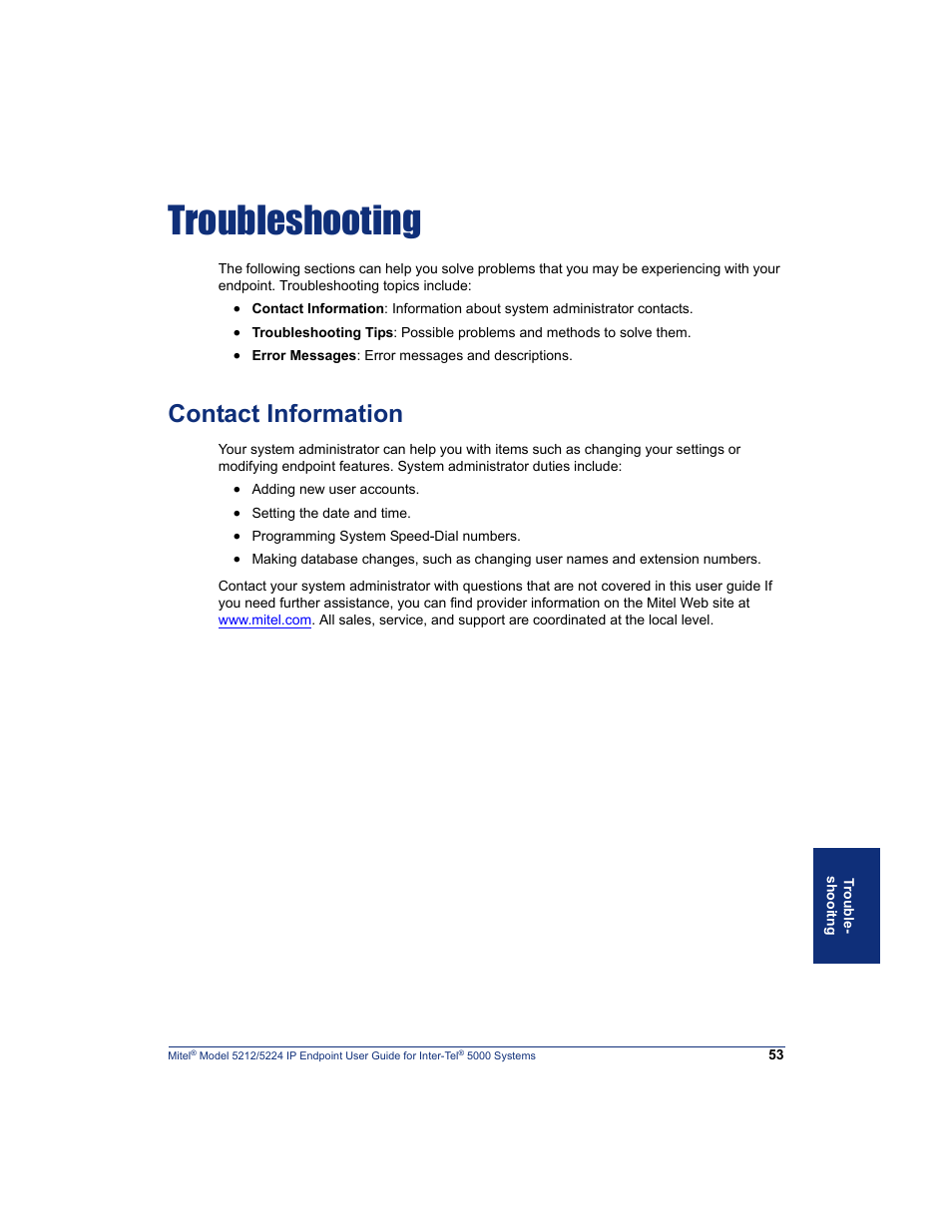 Troubleshooting, Contact information, Ou bl | Sh oo itn g, Ting | Mitel 5212 User Manual | Page 71 / 80