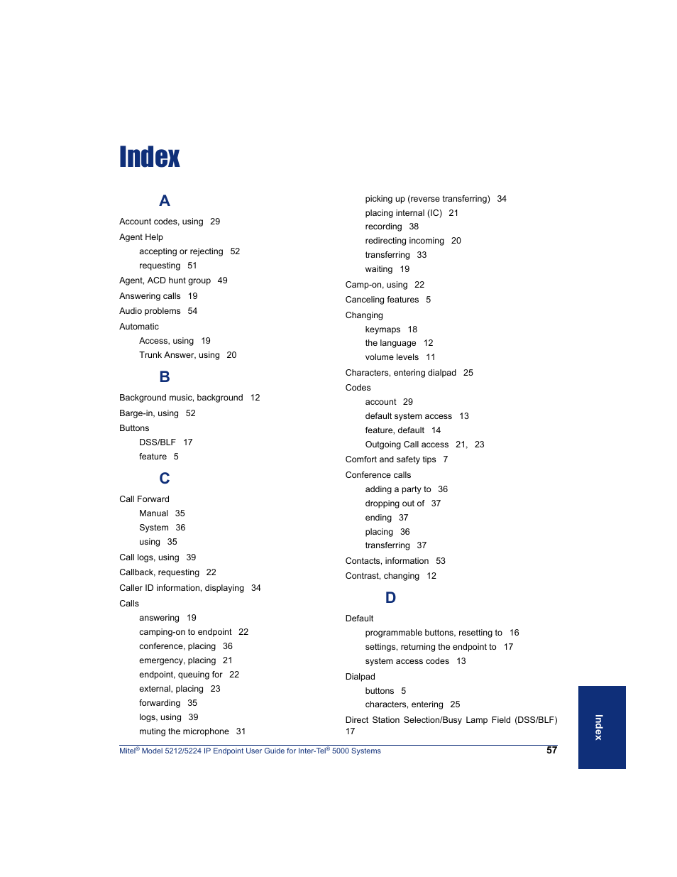 Index, Ind ex | Mitel 5212 User Manual | Page 75 / 80