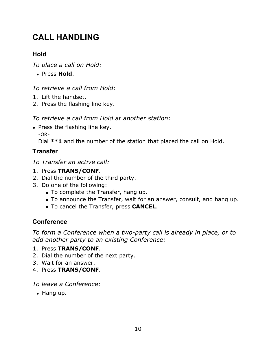 Call handling, Hold, Transfer | Conference | Mitel M7208N User Manual | Page 14 / 25