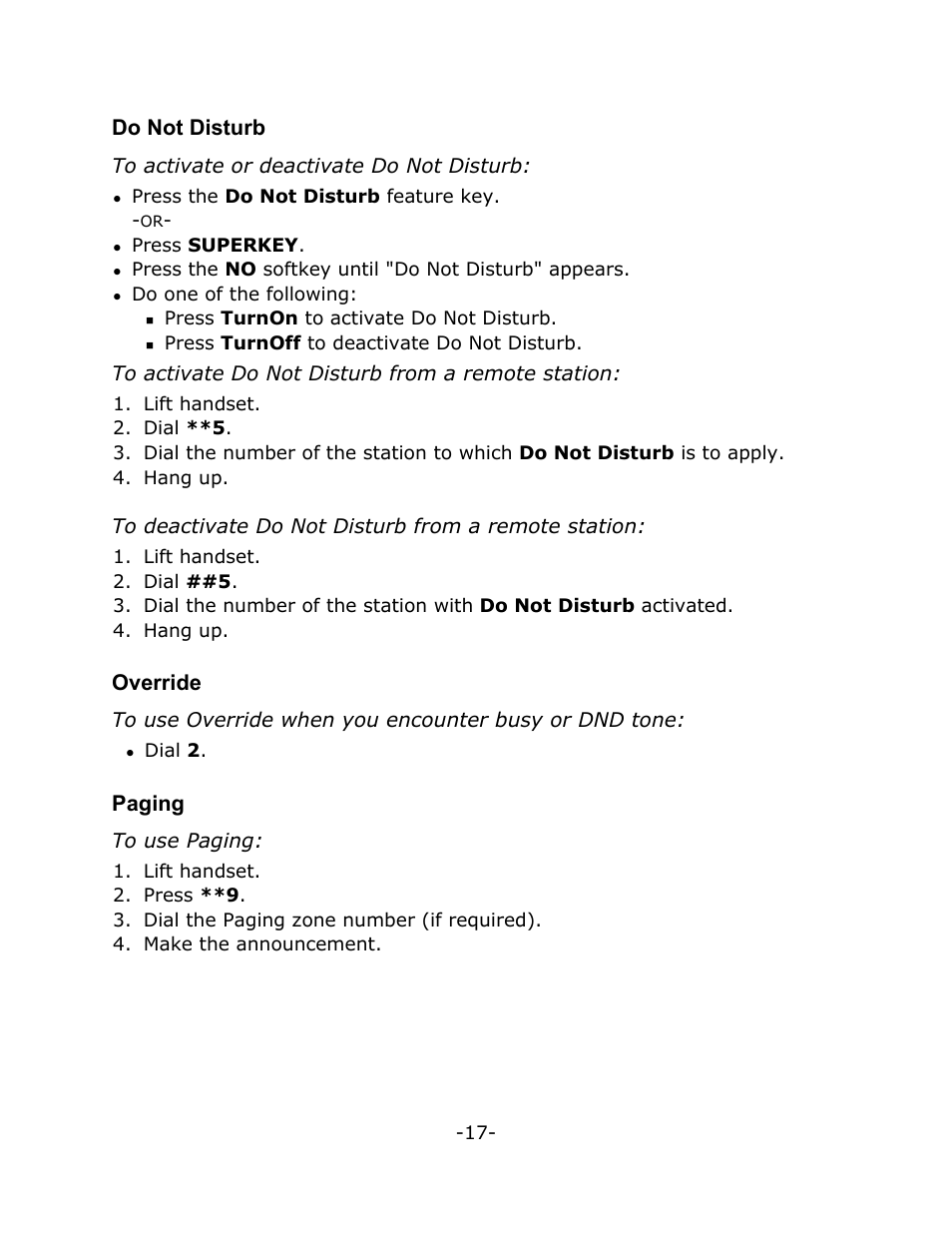 Do not disturb, Override, Paging | Mitel M7208N User Manual | Page 21 / 25