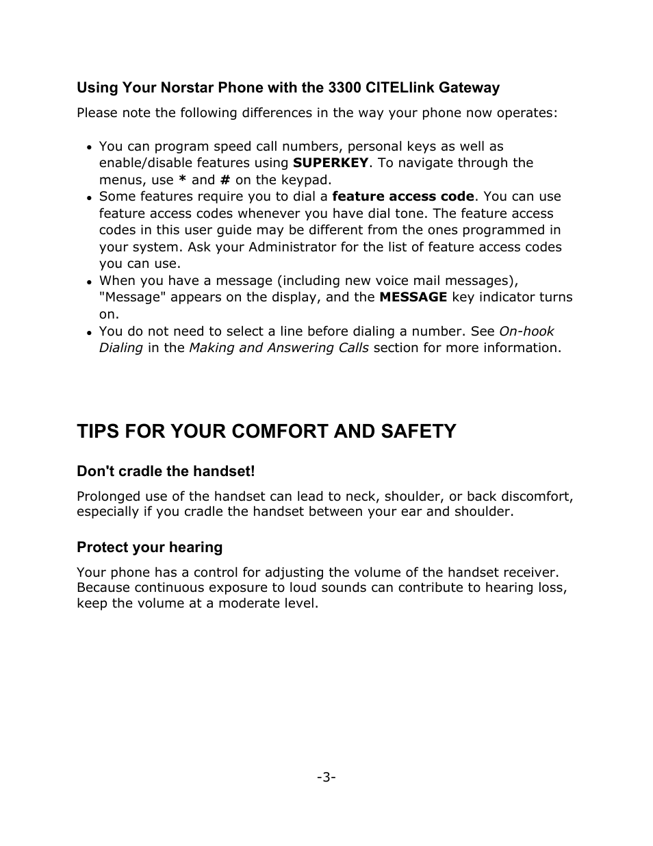 Tips for your comfort and safety, Don't cradle the handset, Protect your hearing | Mitel M7208N User Manual | Page 7 / 25