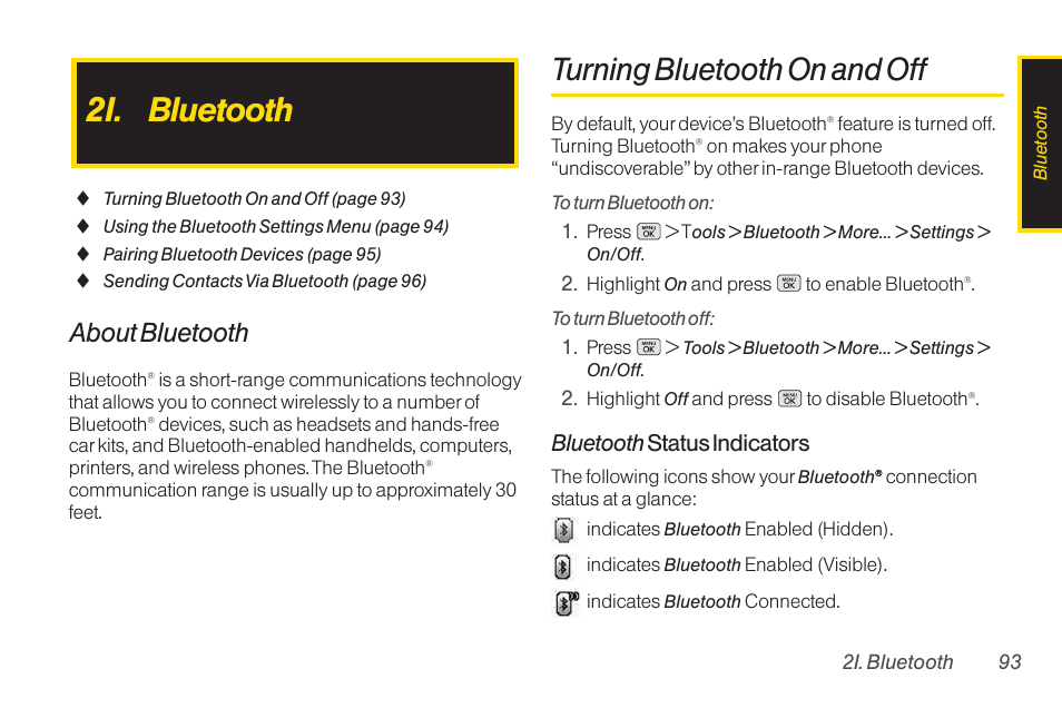 Bluetooth, Turning bluetooth on and off, 2i. bluetooth | About bluetooth, Bluetooth status indicators | LG RUMOR LG260 User Manual | Page 105 / 160