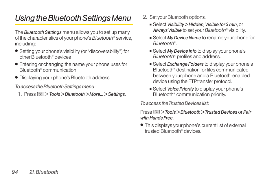 Using the bluetooth settings menu | LG RUMOR LG260 User Manual | Page 106 / 160