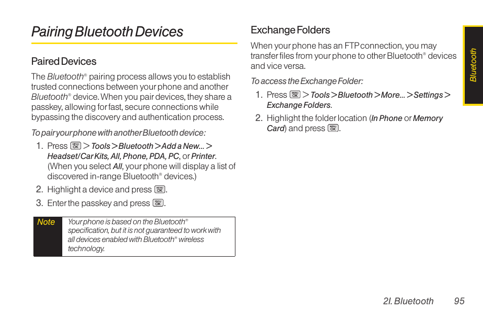 Pairing bluetooth devices, Paired devices, Exchange folders | LG RUMOR LG260 User Manual | Page 107 / 160