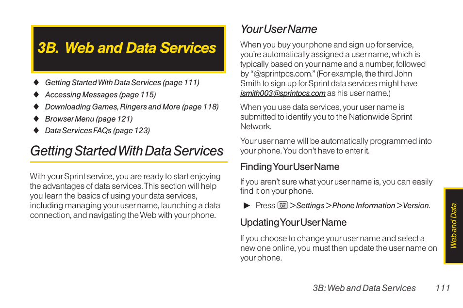 3b. web and data services, Getting started with data services, Your user name | LG RUMOR LG260 User Manual | Page 123 / 160