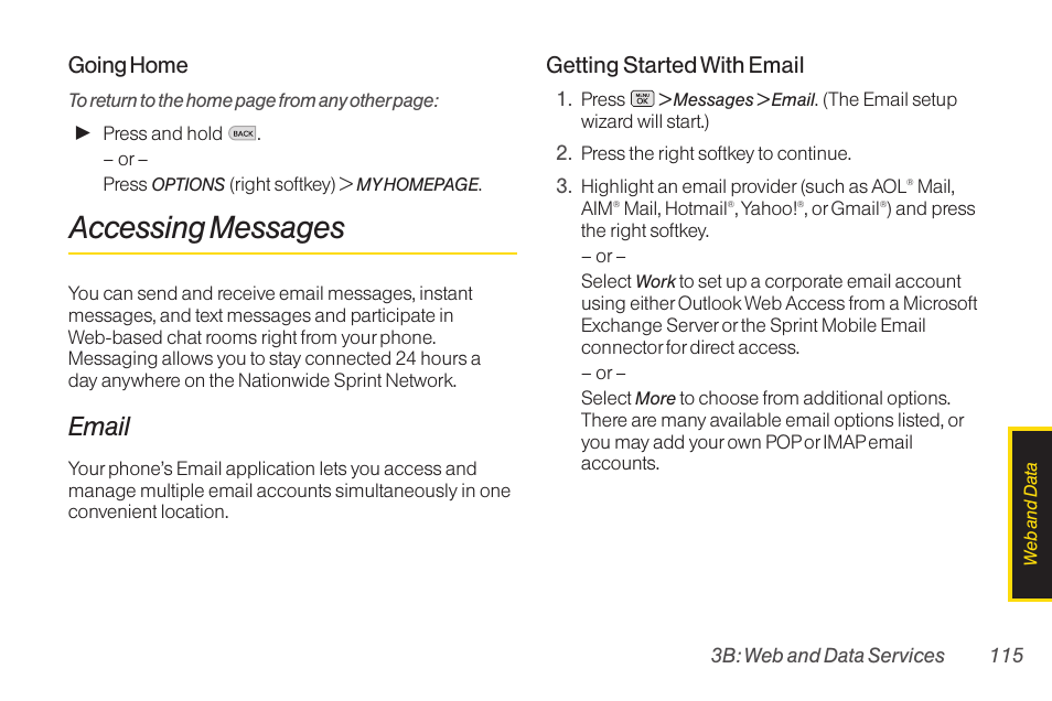 Accessing messages, Email, Going home | Getting started with email | LG RUMOR LG260 User Manual | Page 127 / 160