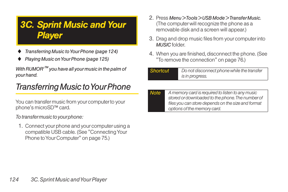 Sprint music and your player, Transferring music to your phone, 3c. sprint music and your player | LG RUMOR LG260 User Manual | Page 136 / 160