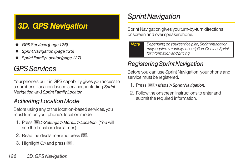 3d. gps navigation, Gps services, Sprint navigation | Activating location mode, Registering sprint navigation | LG RUMOR LG260 User Manual | Page 138 / 160