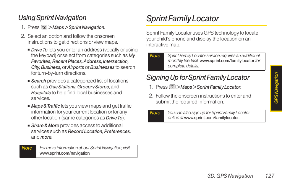 Sprint family locator, Using sprint navigation, Signing up for sprint family locator | LG RUMOR LG260 User Manual | Page 139 / 160