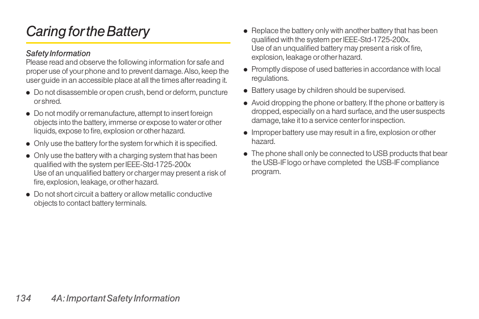 Caring for the battery, 134 4a: important safety information | LG RUMOR LG260 User Manual | Page 146 / 160