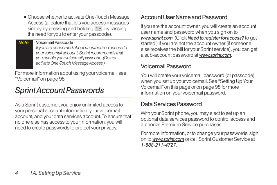 Sprint account passwords, Sprint account passwords (pag | LG RUMOR LG260 User Manual | Page 16 / 160