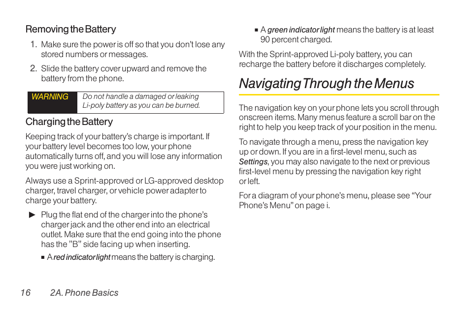 Displaying your phone number, Making and answering calls, Navigating through the menus | LG RUMOR LG260 User Manual | Page 28 / 160