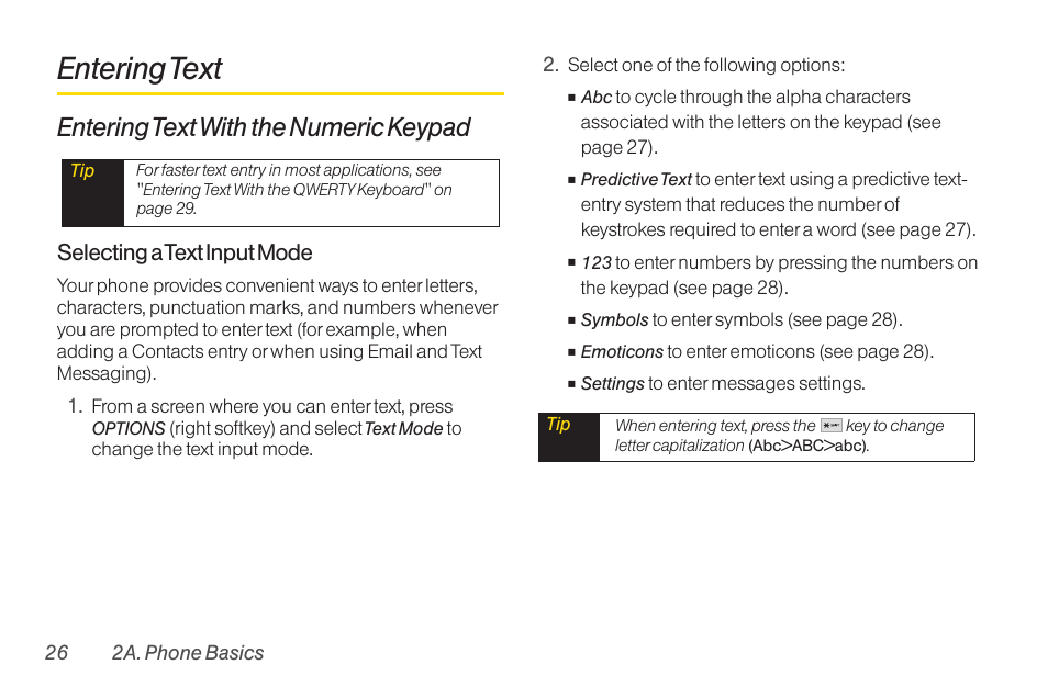 Entering text, Entering text with the numeric keypad, Selecting a text input mode | LG RUMOR LG260 User Manual | Page 38 / 160