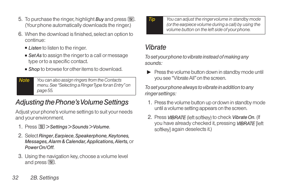 Adjusting the phone’s volume settings, Vibrate | LG RUMOR LG260 User Manual | Page 44 / 160