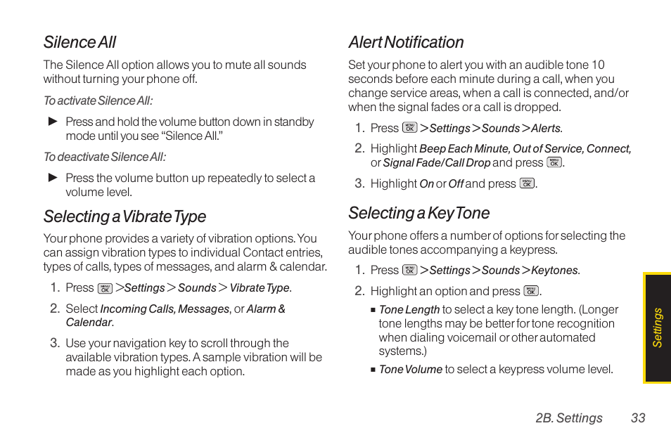 Location settings, Silence all, Selecting a vibrate type | Alert notification, Selecting a key tone | LG RUMOR LG260 User Manual | Page 45 / 160