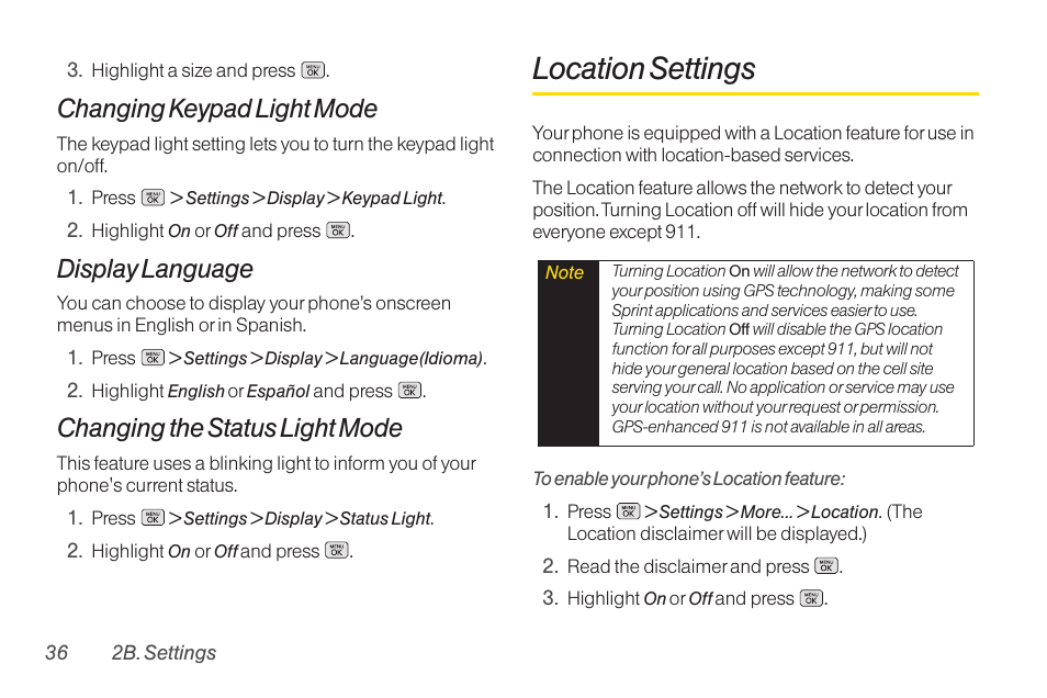 Airplane/music mode, Tty use with sprint service, Location settings | Changing keypad light mode, Display language, Changing the status light mode | LG RUMOR LG260 User Manual | Page 48 / 160