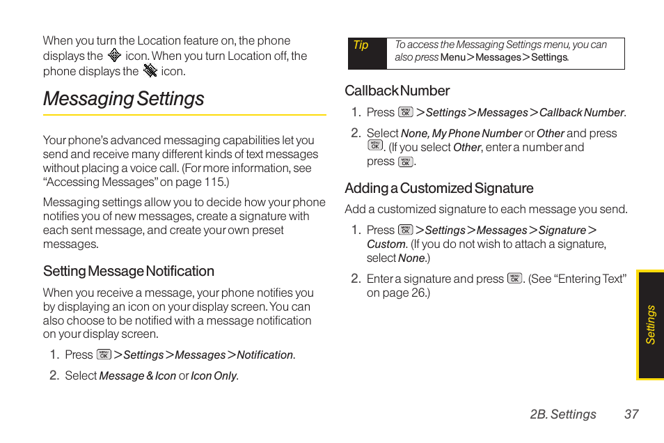 Phone setup option, Messaging settings, Messaging settings (pag | LG RUMOR LG260 User Manual | Page 49 / 160