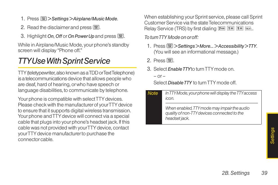 Airplane/music mode, Tty use with sprint service, Tty use with sprint servi | Tty usewith sprint service | LG RUMOR LG260 User Manual | Page 51 / 160