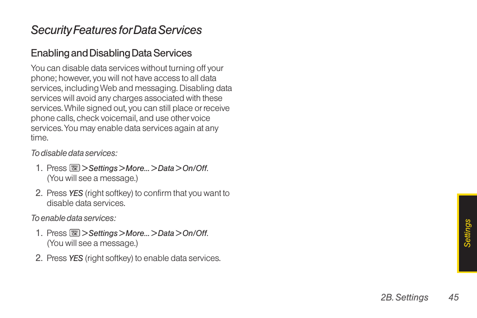 2d. contact, Security features for data services | LG RUMOR LG260 User Manual | Page 57 / 160