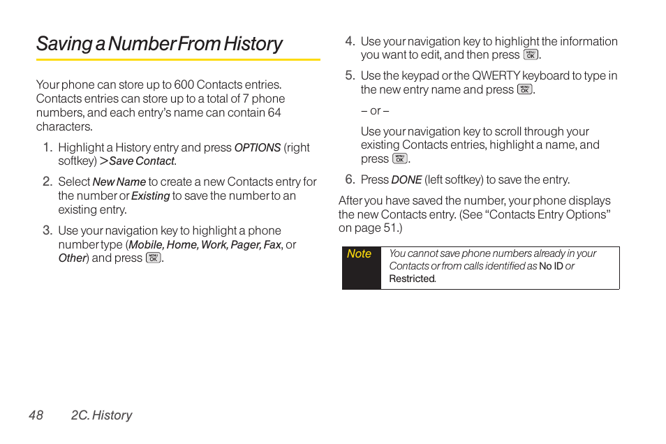 Saving a number from history, Saving a number from h, Saving a numberfrom history | LG RUMOR LG260 User Manual | Page 60 / 160