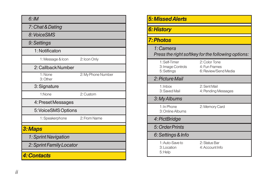 Maps, Contacts 5: missed alerts 6: history 7: photos | LG RUMOR LG260 User Manual | Page 8 / 160