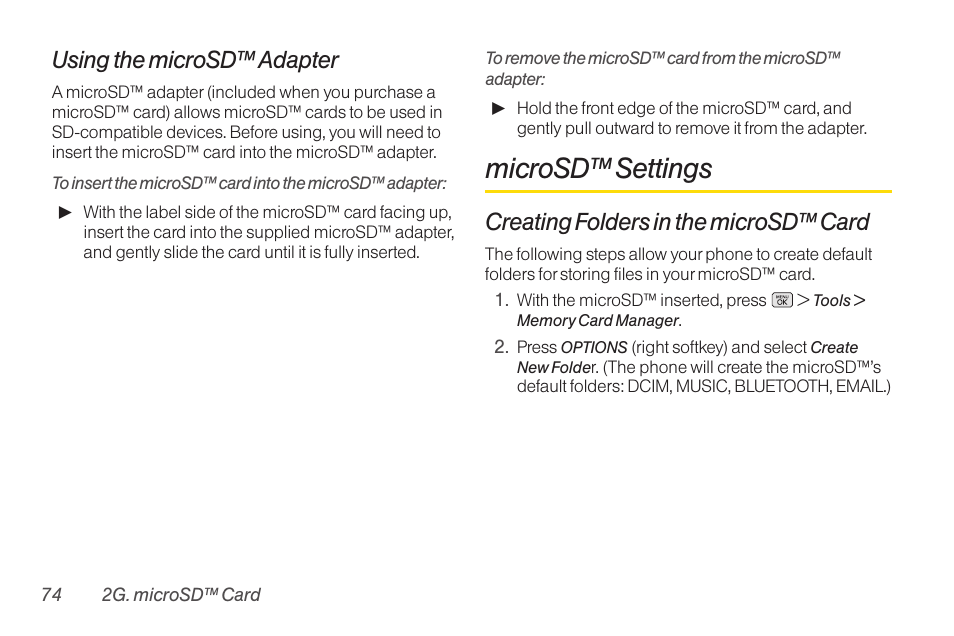 Microsd™ settings, Using the microsd™ adapter, Creating folders in the microsd™ card | LG RUMOR LG260 User Manual | Page 86 / 160