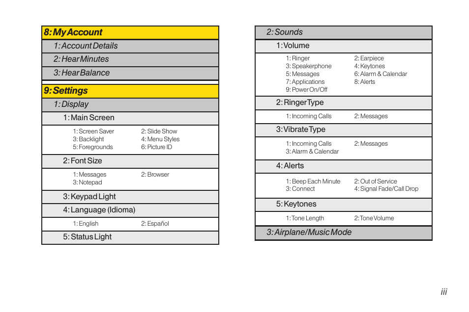 My account, Settings | LG RUMOR LG260 User Manual | Page 9 / 160