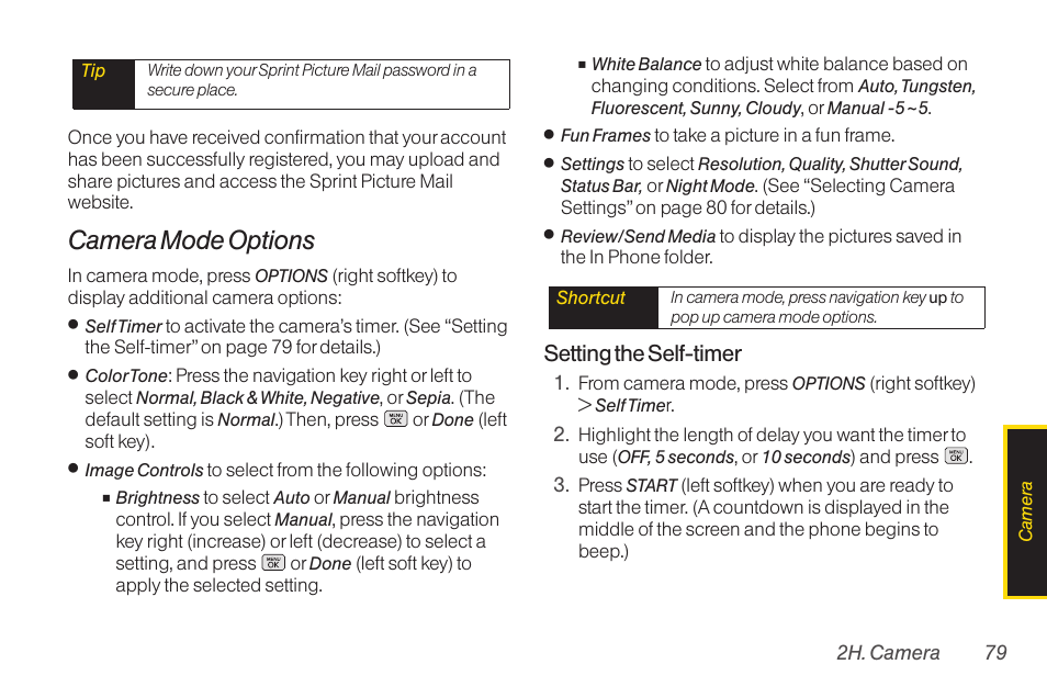 Camera mode options, Setting the self-timer | LG RUMOR LG260 User Manual | Page 91 / 160