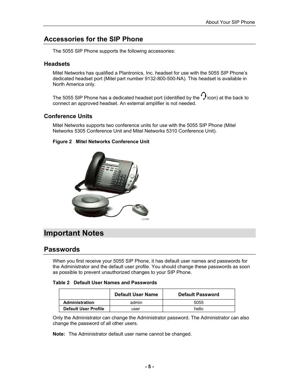 Accessories for the sip phone, Headsets, Conference units | Important notes, Passwords | Mitel 5055 User Manual | Page 11 / 97