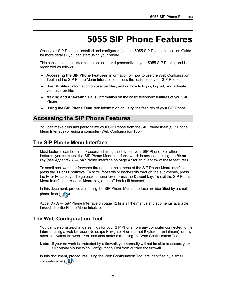 5055 sip phone features, Accessing the sip phone features, The sip phone menu interface | The web configuration tool, 5055 sip phone features : informatio | Mitel 5055 User Manual | Page 13 / 97