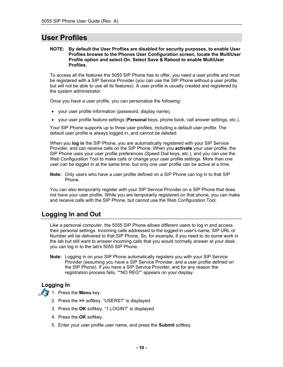 User profiles, Logging in and out, Logging in | User profiles : informatio | Mitel 5055 User Manual | Page 16 / 97