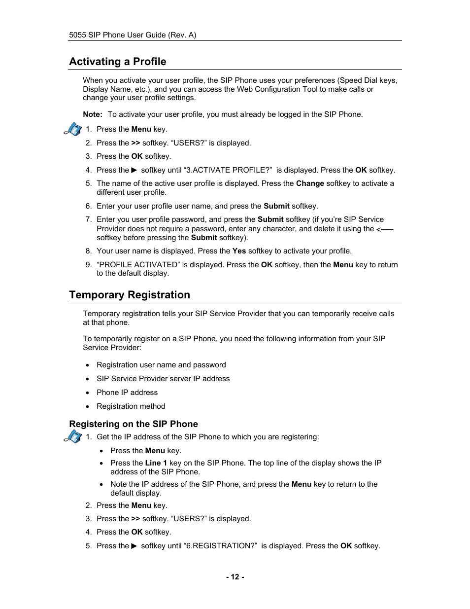Activating a profile, Temporary registration, Registering on the sip phone | Activating a profile temporary registration | Mitel 5055 User Manual | Page 18 / 97