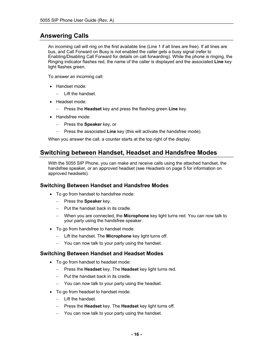 Answering calls, Switching between handset and handsfree modes, Switching between handset and headset modes | Mitel 5055 User Manual | Page 22 / 97