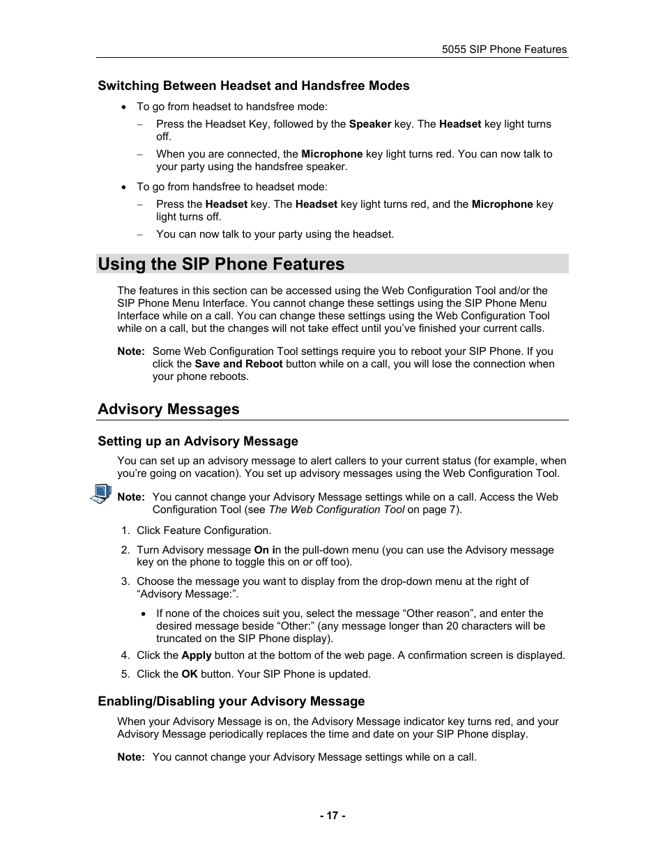 Switching between headset and handsfree modes, Using the sip phone features, Advisory messages | Setting up an advisory message, Enabling/disabling your advisory message, Using the sip phone, Features ), Using the sip phone features : information o | Mitel 5055 User Manual | Page 23 / 97